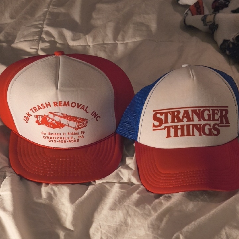 Stranger Things Trucker Hat & Vintage J&K Take Out The Trash Trucker Hats